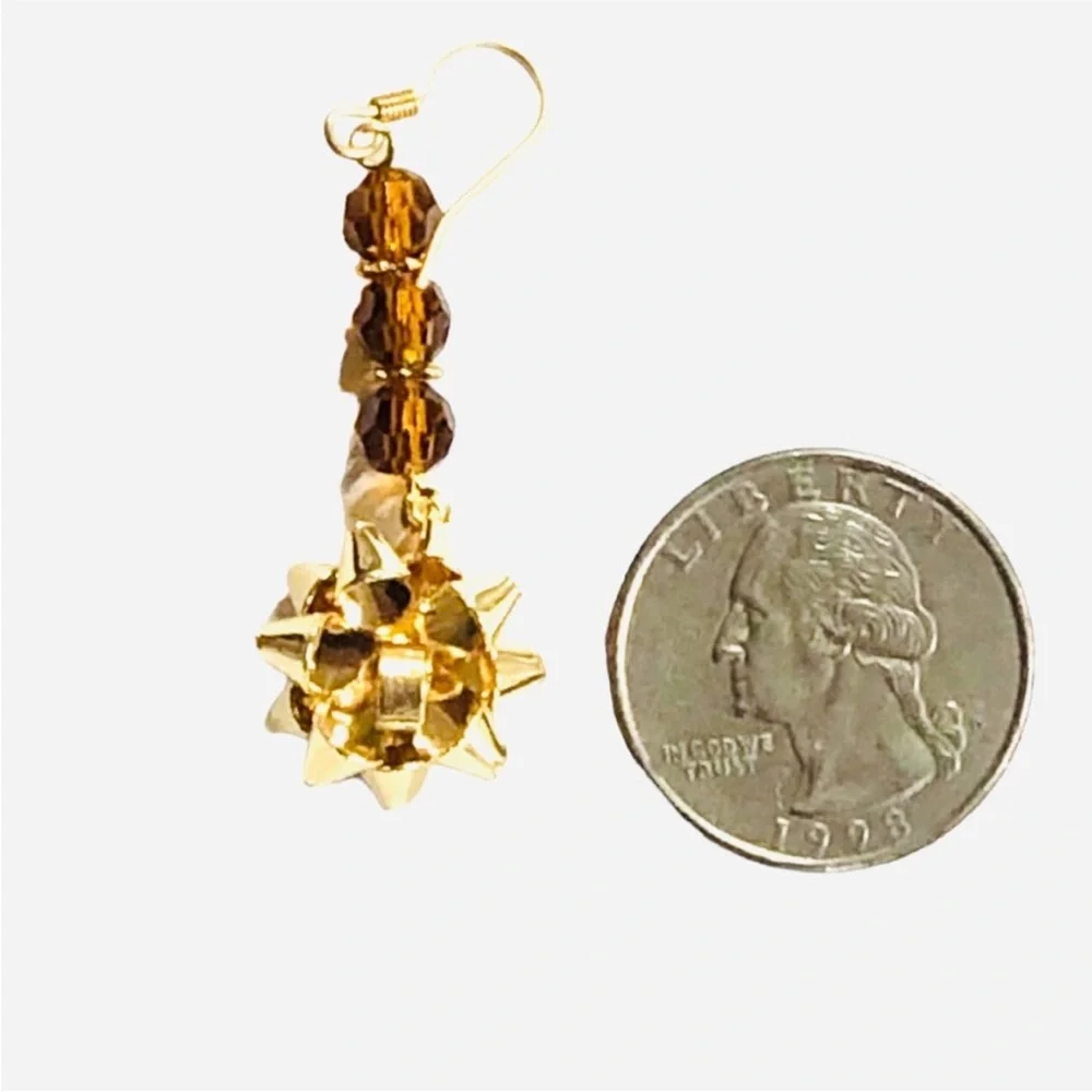 HANDMADE Unbranded GOLD Metallic GIFT Bow And Brown Glass Crystal Bead Earrings